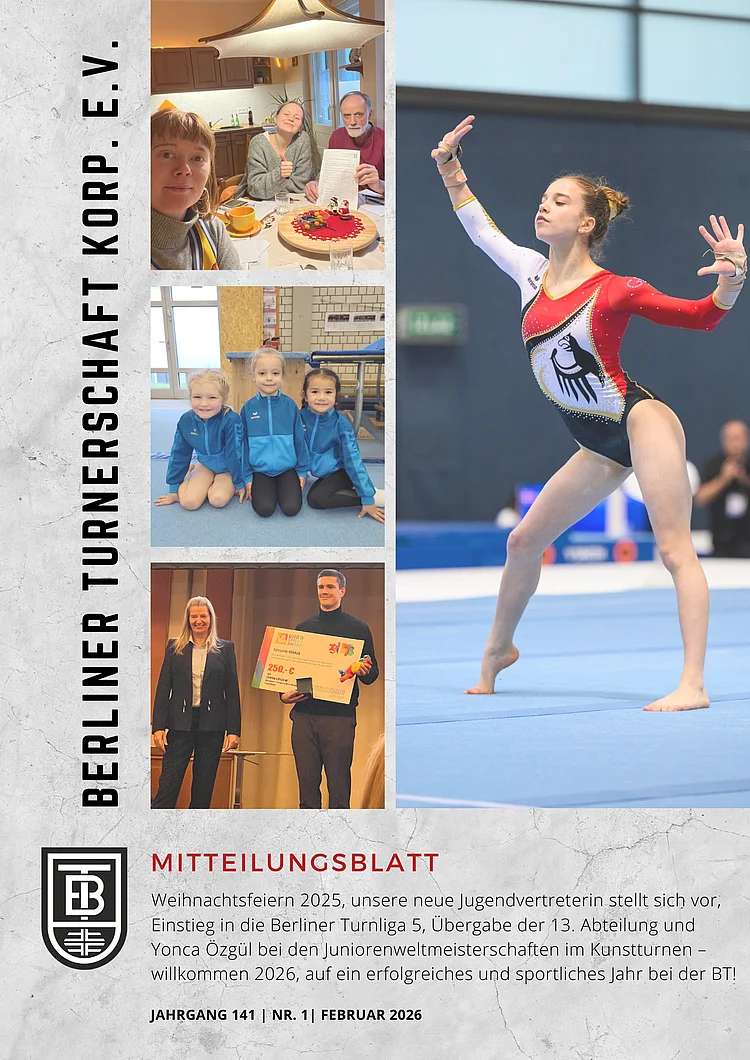 Collage mit vier Fotos: Oben links drei Personen an einem gedeckten Tisch mit Kuchen, mittig links drei Kinder in blauen Sportanzügen auf einer Matte, unten links zwei Personen bei einer Scheckübergabe, rechts eine Turnerin in rotem und schwarzem Turnanzug bei einer Bodenturnübung.